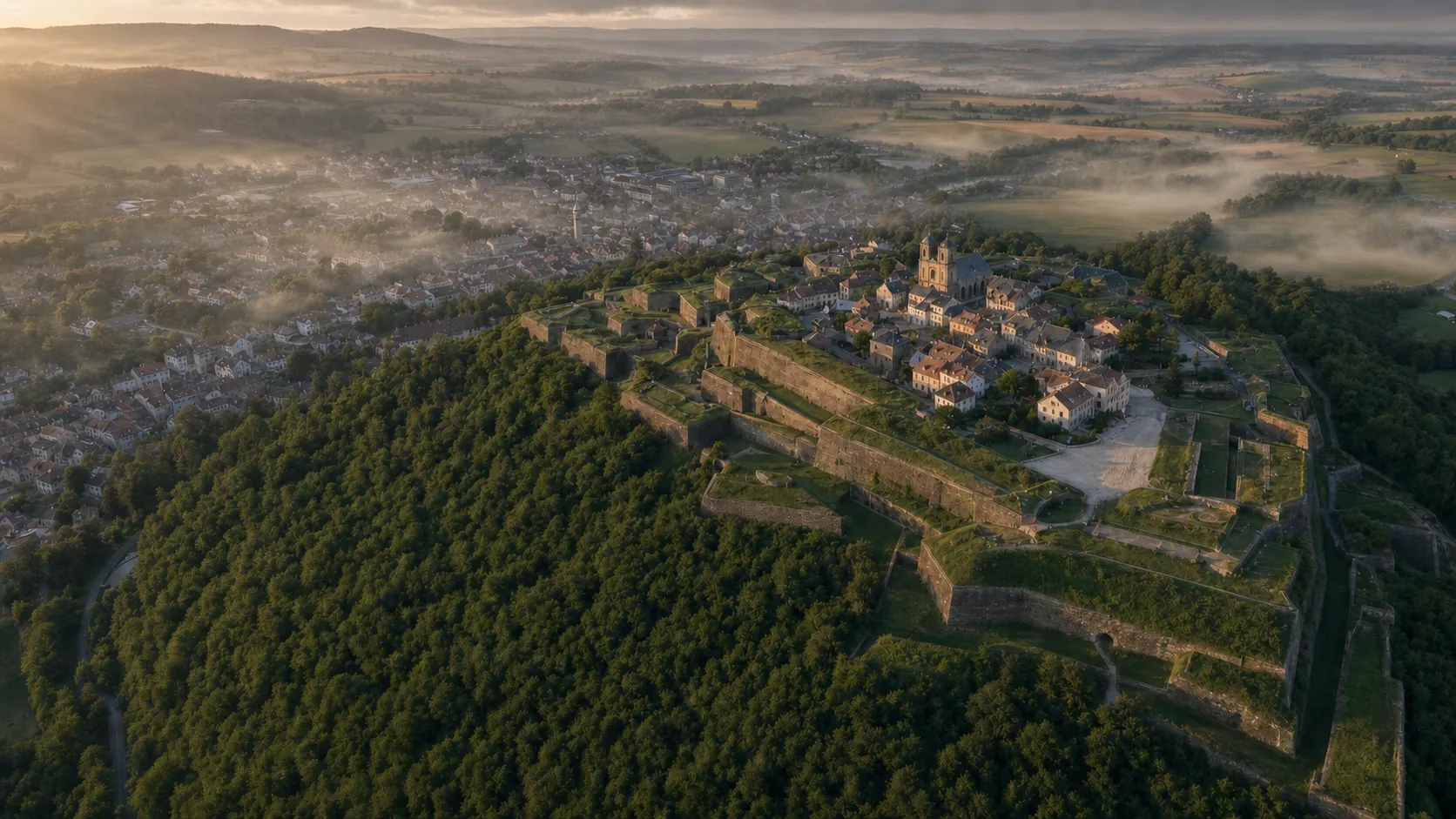 Vue aérienne illustrée de Montmédy, de la citadelle et de la ville basse dans la brume